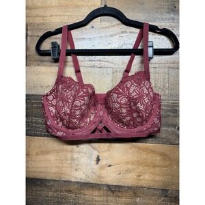 Adore Me Burgundy Floral Lace Cage Detail Underwire Bra Lattice Gore 38DD